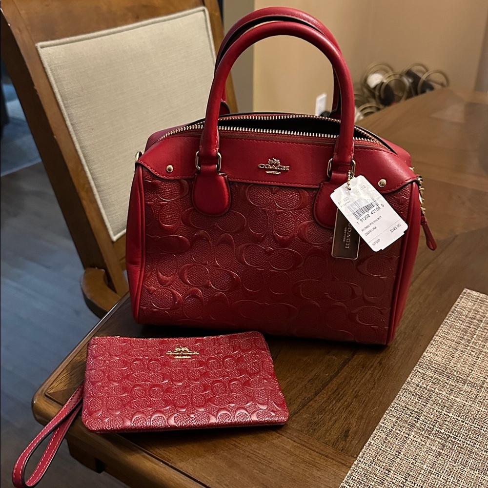 Coach Red Embossed Leather Bag and Wristlet Set